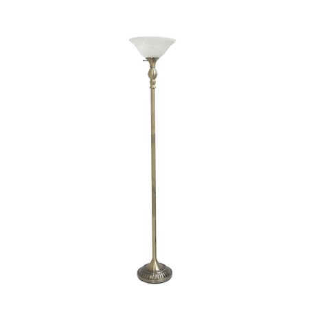 Classic 1 Light Torchiere Floor Lamp With Marbleized Glass Shade, Antique Brass